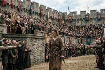 A young woman with a longbow walks into the royal arena as the crowd laughs