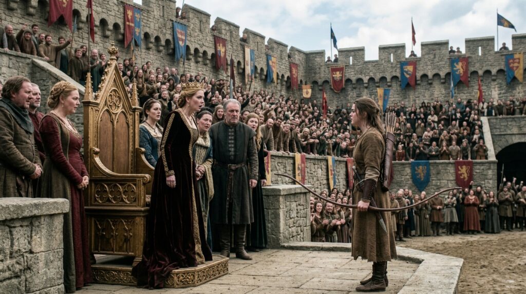 The young archer stands before the astonished queen