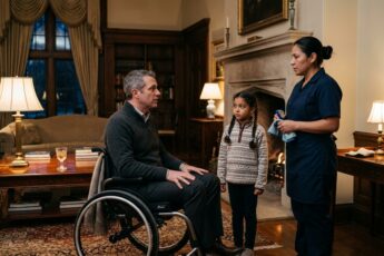 A man in a wheelchair asks his cleaner and her young daughter for a favor