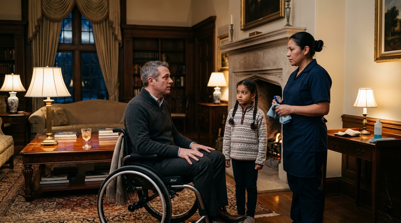 A man in a wheelchair asks his cleaner and her young daughter for a favor
