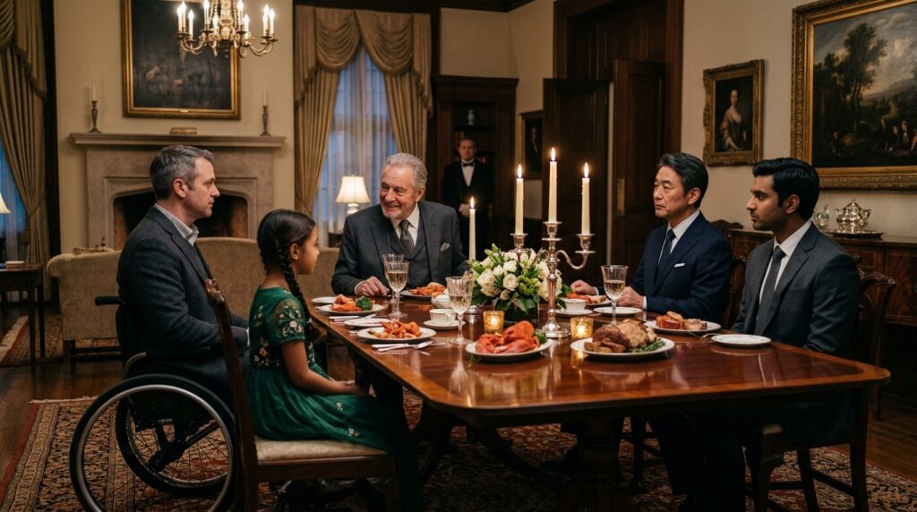 The girl in a green dress at dinner with foreign business partners