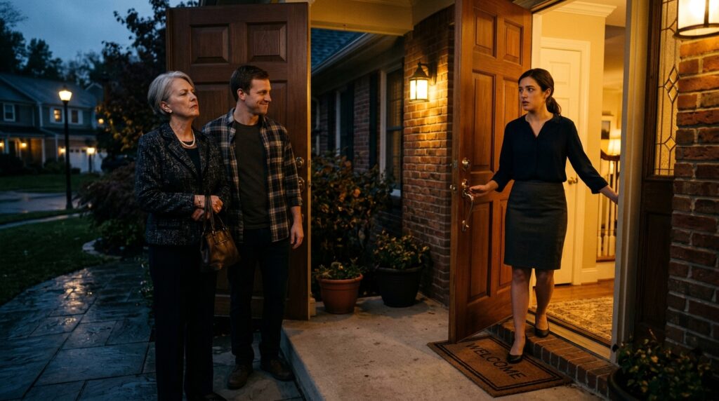The mother-in-law looks the young woman up and down at the door