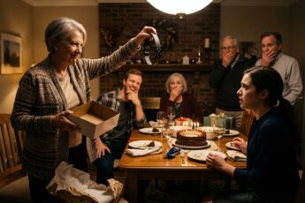 The mother-in-law holds up a black dog collar at the birthday table