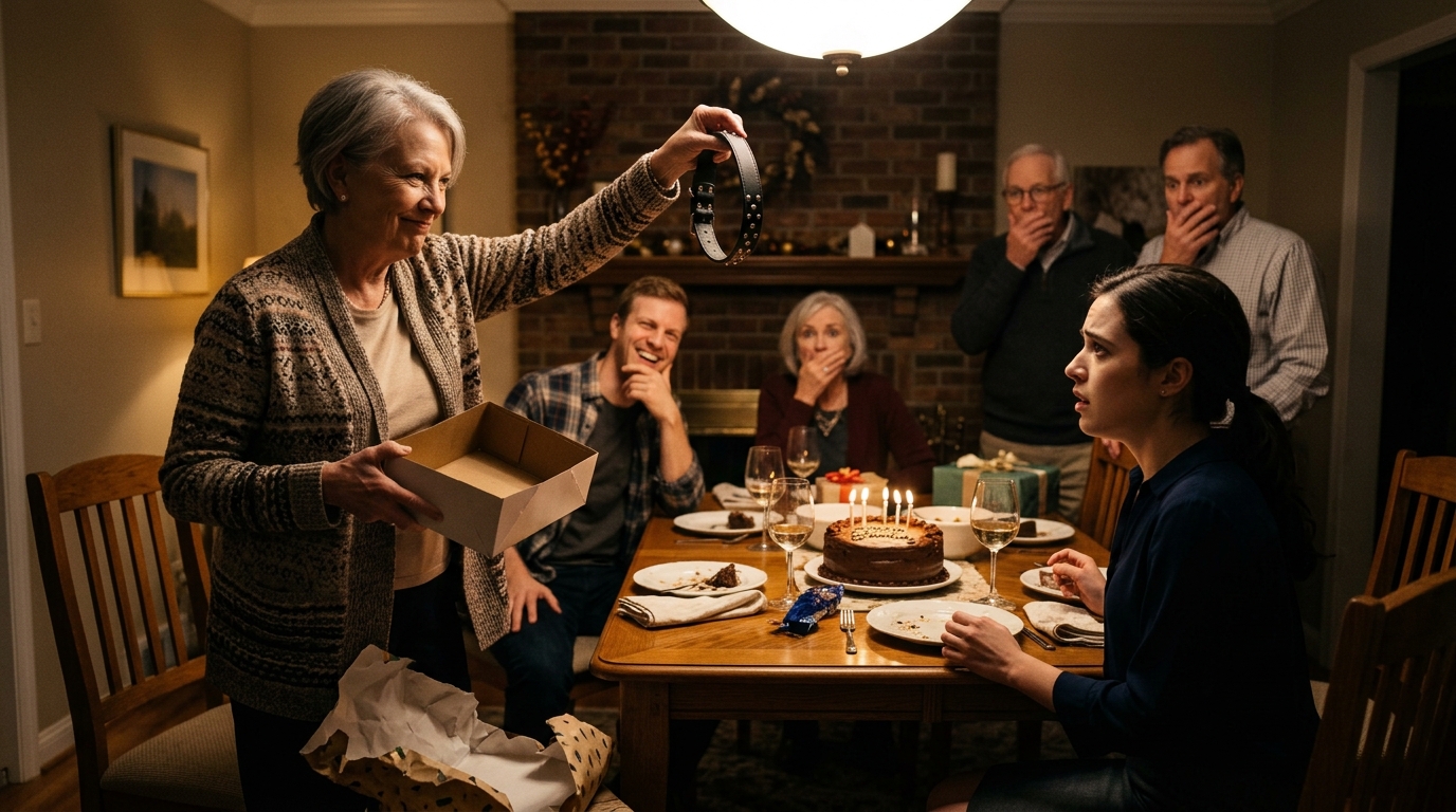 The mother-in-law holds up a black dog collar at the birthday table