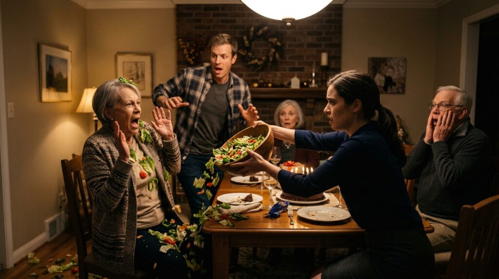 The young woman tips a bowl of salad over her mother-in-law's head