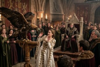 The royal eagle snaps at a noblewoman in a jeweled white gown
