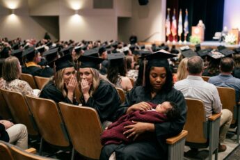 A young graduate sits alone at the ceremony holding her baby as people whisper