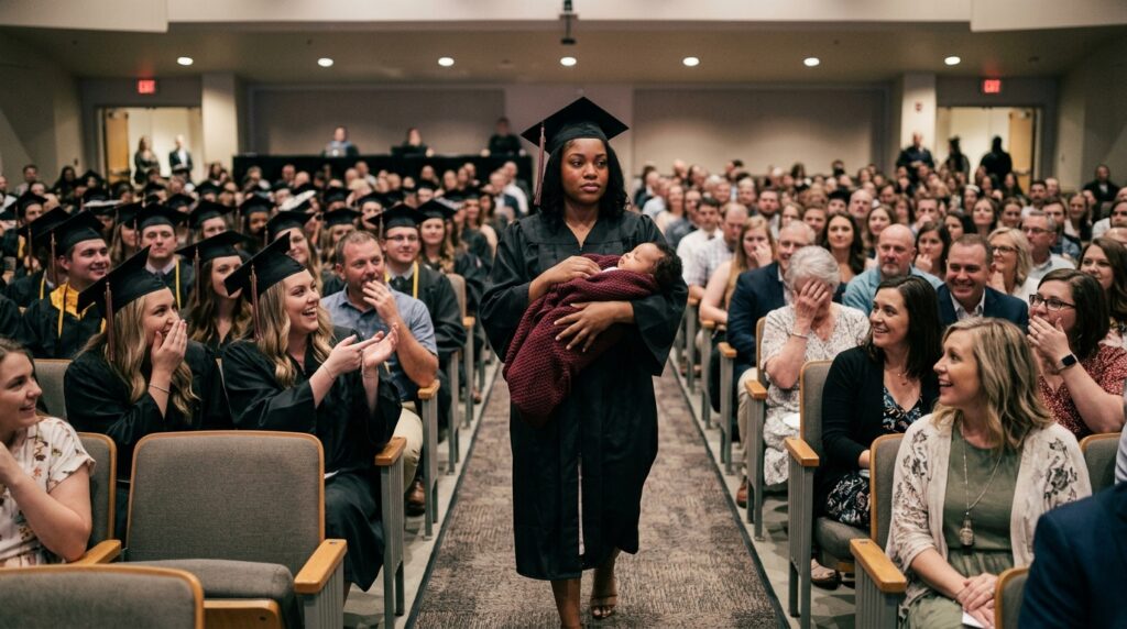 The young mother walks down the aisle with her baby while people laugh