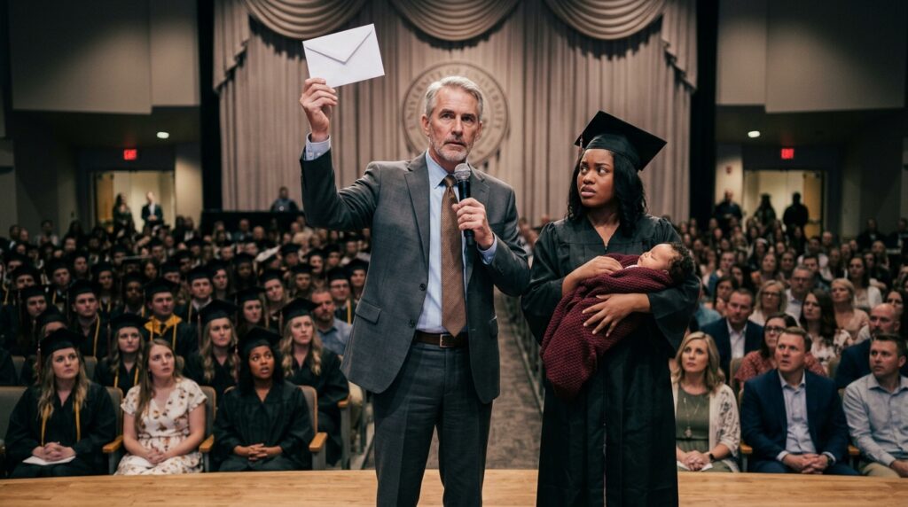 The university director raises an envelope on stage beside the graduate