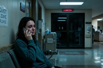 A mother in a hospital corridor at night trying to call her husband