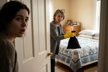 A young woman sees her mother-in-law in rubber gloves with a black bag by the bed