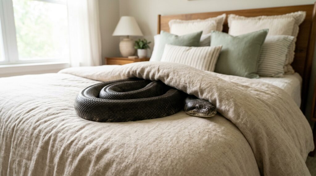 A large snake on a bedspread