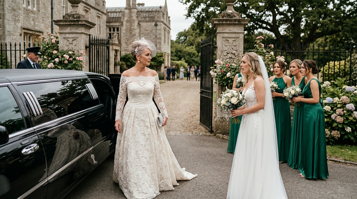 Mother-in-law in a white lace dress stepping out of a limousine at the wedding