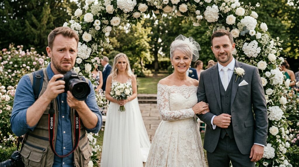 Mother-in-law posing with the groom under the flower arch while the bride waits behind