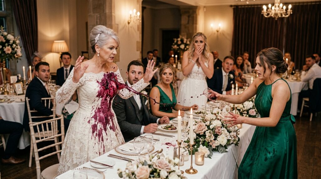 Berry juice spilled on the mother-in-law white dress at the wedding table
