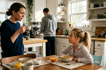 A little girl tells her worried mother something at breakfast