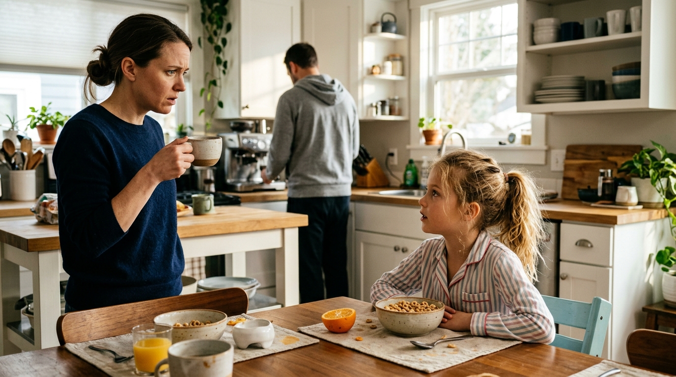 A little girl tells her worried mother something at breakfast