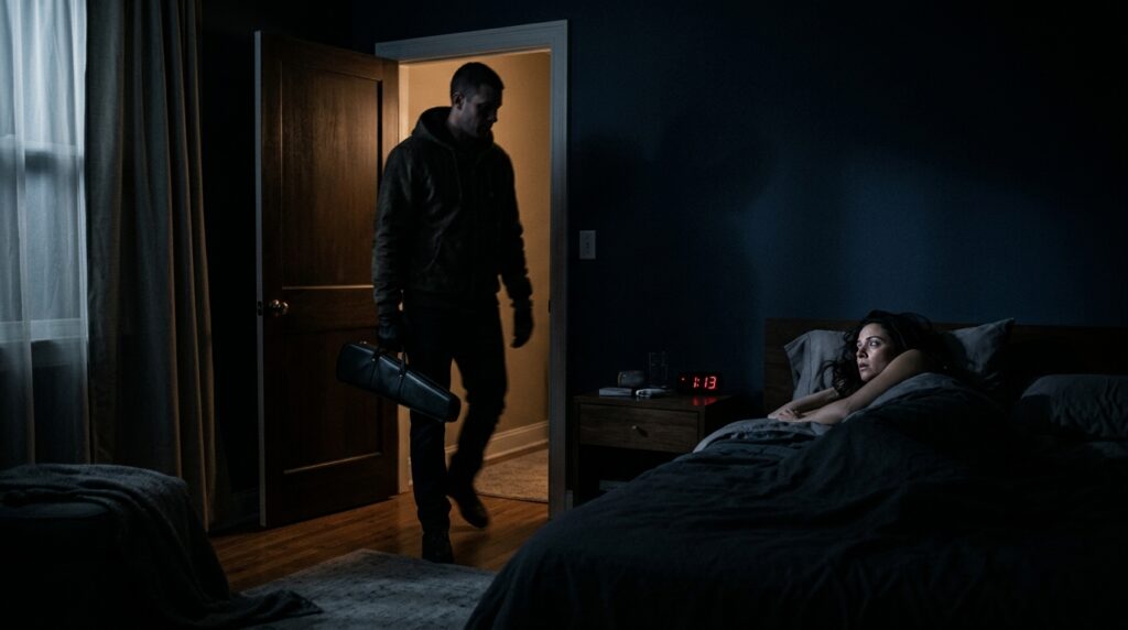 A tall man with a black case walks into the dark bedroom at night