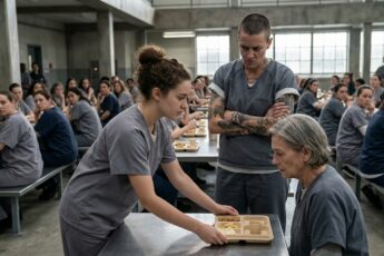 A new inmate returns a food tray to an elderly prisoner in the cafeteria