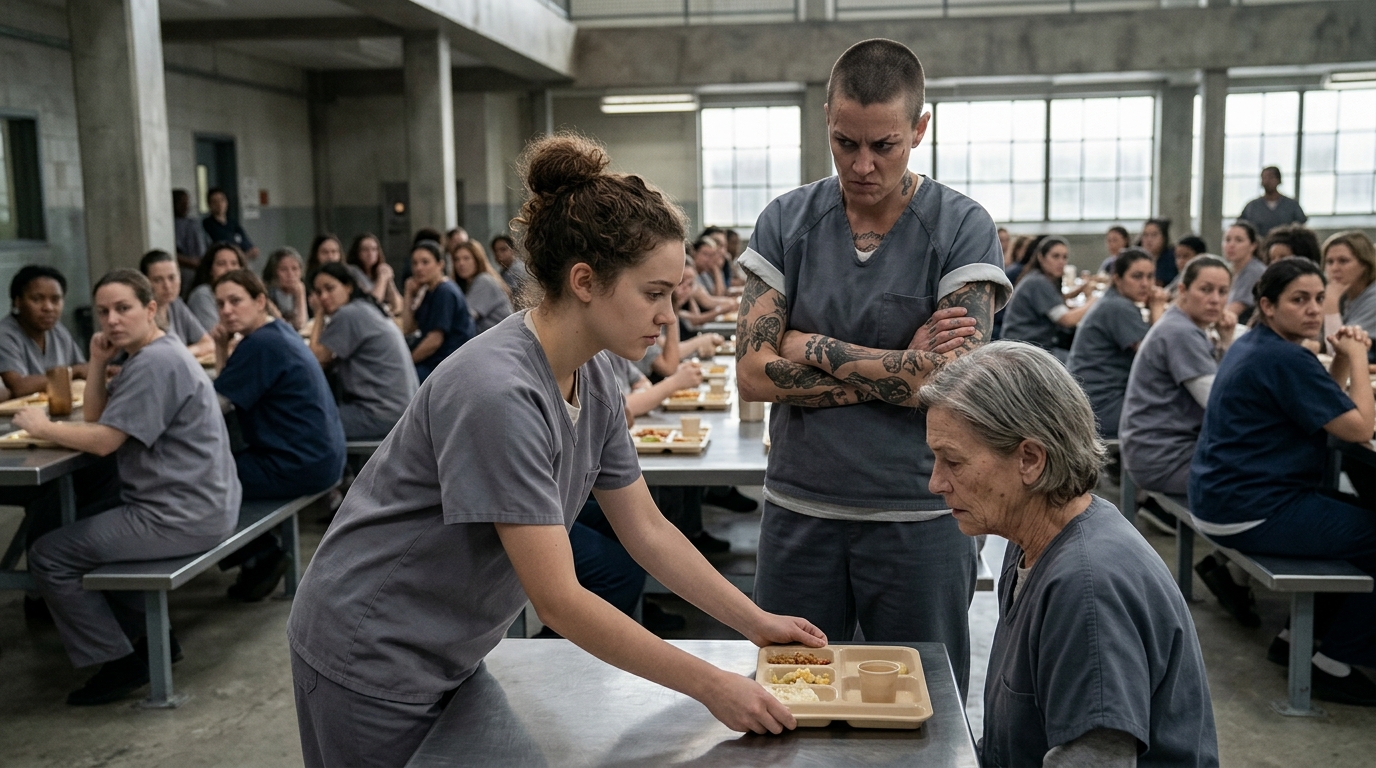 A new inmate returns a food tray to an elderly prisoner in the cafeteria
