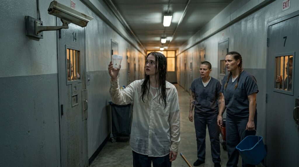 The soaked inmate holds up an earring under the security camera