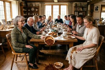 The mother-in-law spills meat sauce on the young bride's dress at a family breakfast