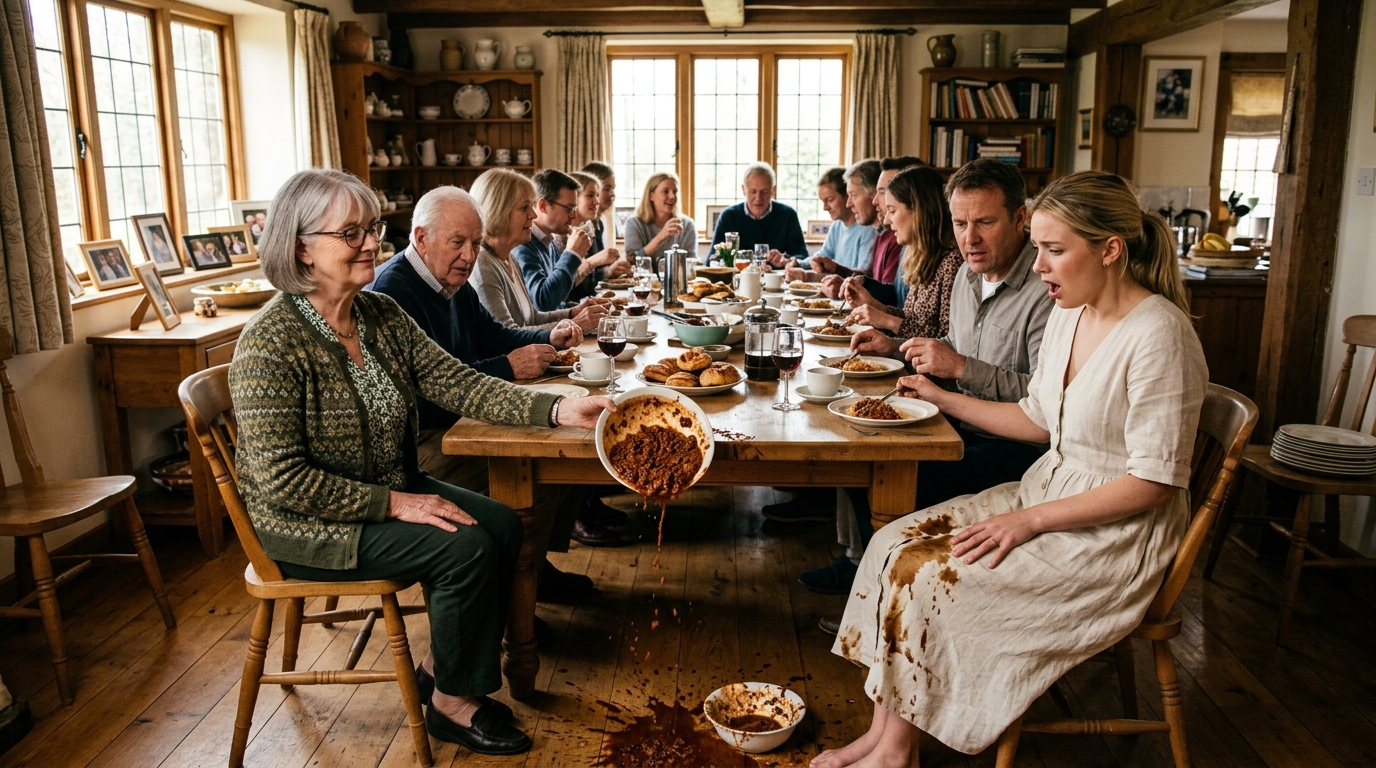 The mother-in-law spills meat sauce on the young bride's dress at a family breakfast