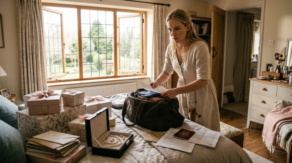 The young wife packs a bag with documents and wedding gifts upstairs