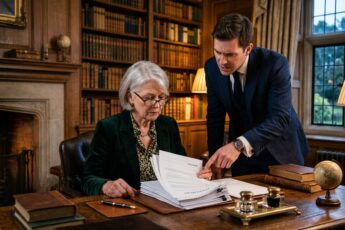 A son pushes his elderly mother to sign property documents
