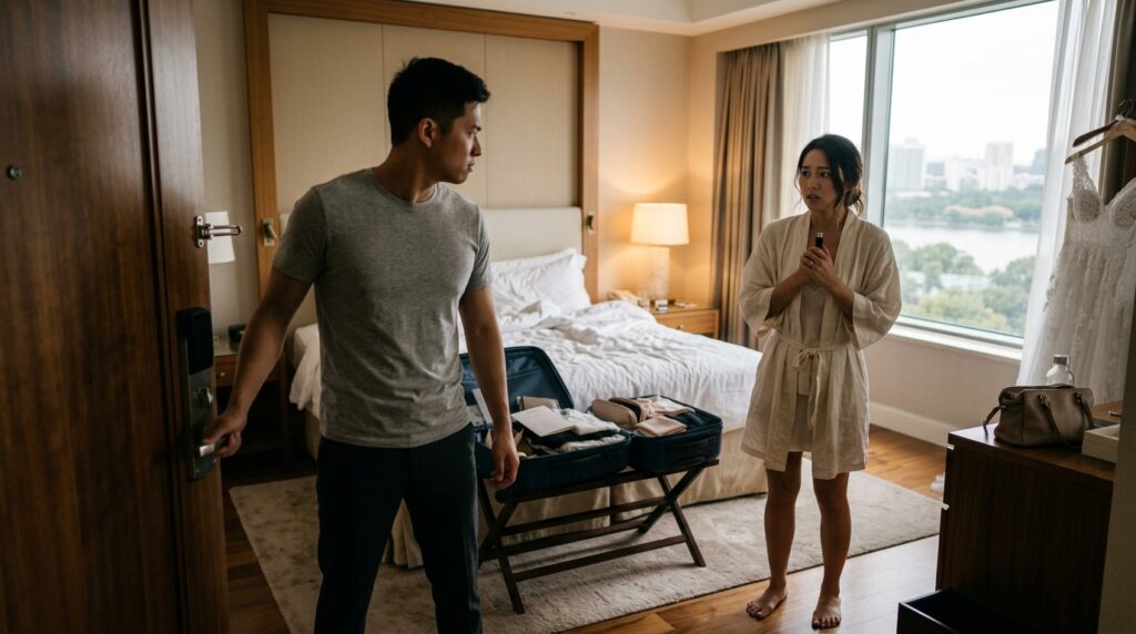The husband locks the hotel room door as his frightened wife holds the USB drive