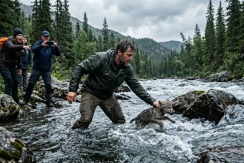 A man wades into an icy river to grab a drowning wolf pup